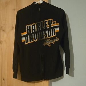 Harley-Davidson Black Zip-Up Sweatshirt with Orange and White Accents